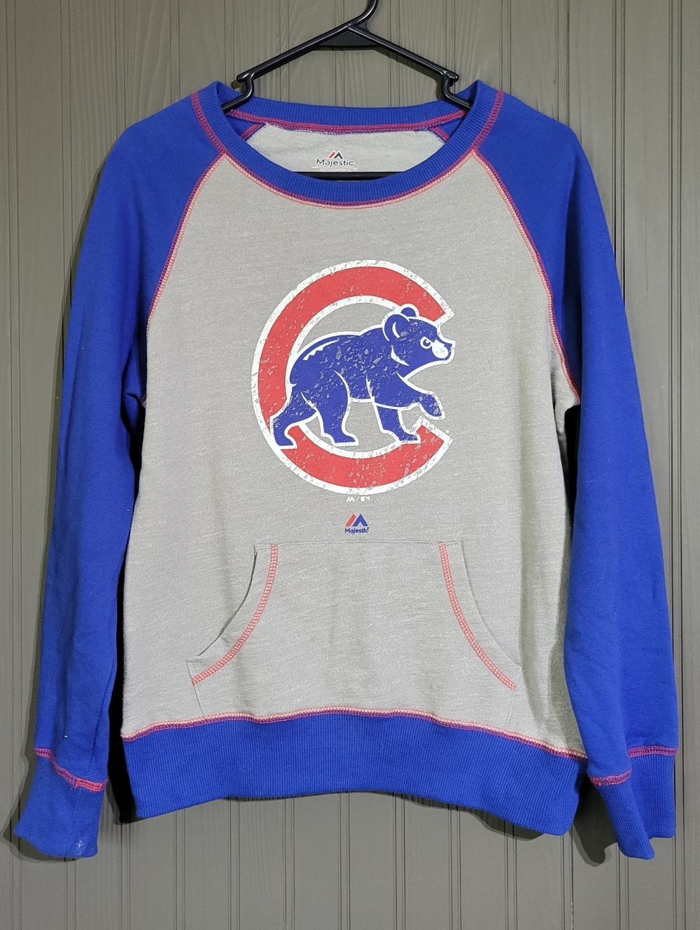 Majestic MLB Chicago Cubs Raglan Sweatshirt Pullover Gray Blue Women's Small